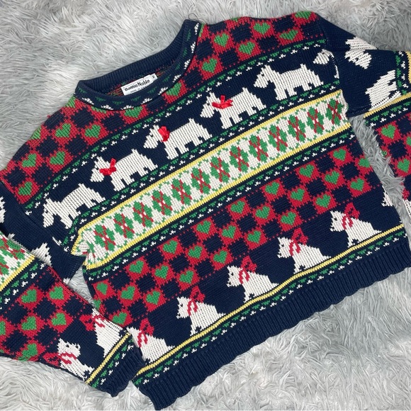 Vintage Bonnie Noble Scottie Dog Knit Nordic Print Crewneck Sweater Medium - Picture 1 of 5